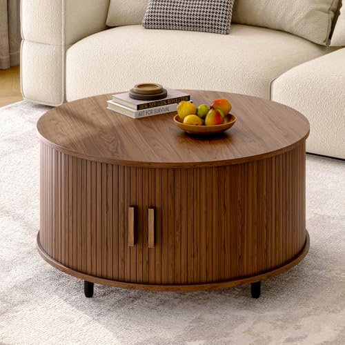 31.5" Round Coffee Table with Storage Adjustable Footpads
