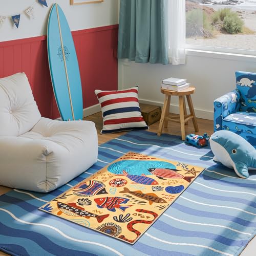 2x3 Coastal Area Rug Washable Kids Rug Colorful Ocean Fish Mat (6 Sq Ft)