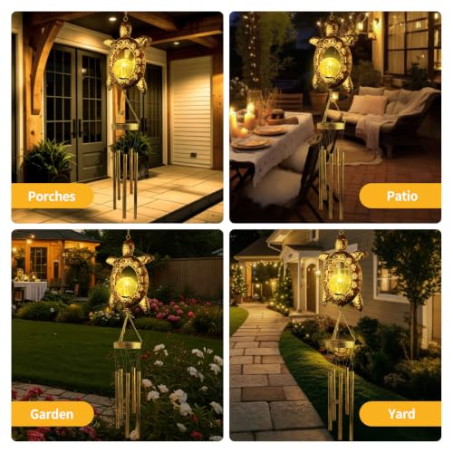 Sea Turtle Solar Lights Outdoor Decor Crackle Glass Ball Solar Turtle Wind Chimes for Outside Unique Gifts for Women Birthday Gardening Gift Housewarming Ornament for Patio Yard Garden Decor