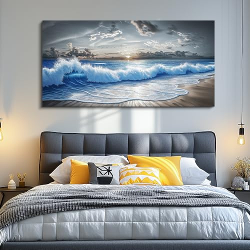 Wall Art Modern Black White And Blue Ocean Wave Painting 24"X48"