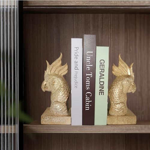 Gold Parrot Decorative Bookends for Heavy Books Bookshelf Decor (2 Count)
