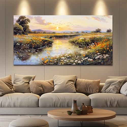 Canvas Wall Art For Bedroom Wall Decoration For Living Room Restaurant Office Decor Rivulet View Painting Farmhouse Field Scenery Watercolour Pictures Printing Artworks Home Decor 20x40In