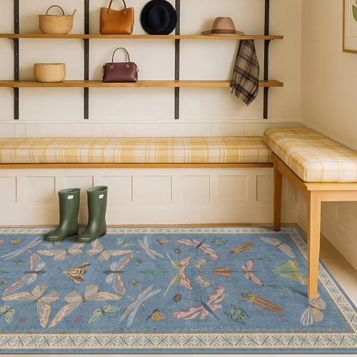 Washable Blue Insect Runner Rug 2'6''x12' for Hallway & Kitchen Sink (30 Sq Ft)