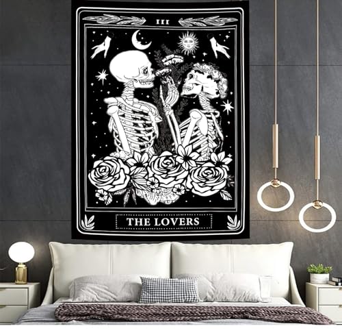 The Lovers Skull Tapestry Gothic Tapestry Vertical Black and White Skeleton Gothic Witch Sun Moon Floral Plant Snake Tapestries Wall Hanging Decor for Bedroom Dorm Room 30 x 40 Inches
