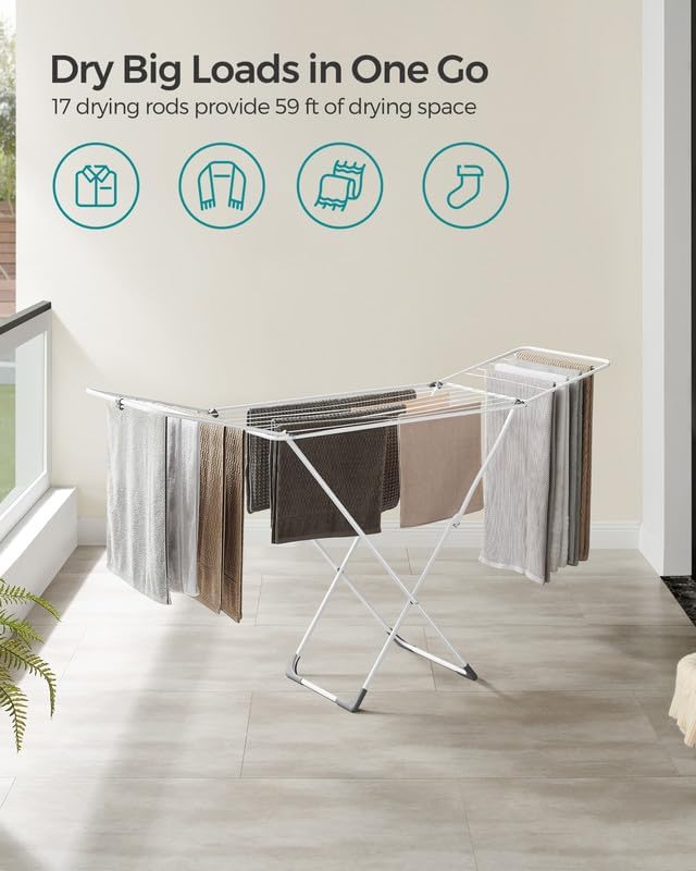 SONGMICS Clothes Drying Rack, Metal Laundry Drying Rack, Foldable, Space-Saving, Free-Standing Airer, with 2 Gullwings, Indoor Outdoor Use, Bed Linen Clothing, White ULLR540W01 - NestledHome