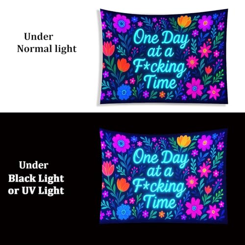 Neon Flowers Blacklight Tapestry UV Reactive Wall Hanging One Day at a F*cking Time for Bedroom Dorm Living Room Glowing Motivational Decor Fluorescent Trippy Poster 78 x 59 Inch