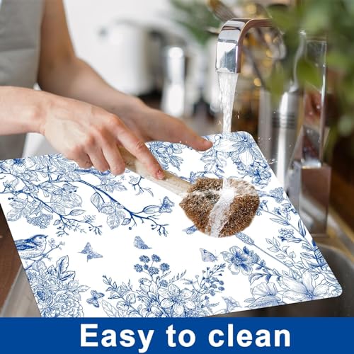 Blue Floral Placemats Set of 6 Flower Bird Plastic Table Mats Seasonal Spring Placemats Chinoiserie Place Mats Rustic Vintage Table Decoration for Indoor Outdoor Party Kitchen Dining (6 Count)