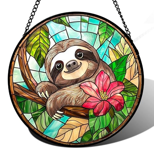 Stained Glass Window Hanging Sloth Flower Suncatcher Gifts for Women 6.3"