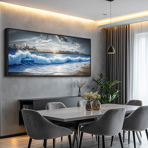 Wall Art Blue Ocean Wave Scenery Painting 32"X72" Black Frame