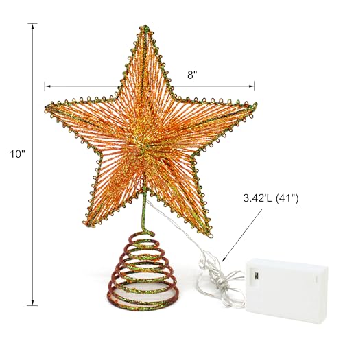 Champagne Gold Glittered 3D Tree Top Star with Warm White LED Lights and Timer for Christmas Tree Topper Decoration and Holiday Seasonal Décor