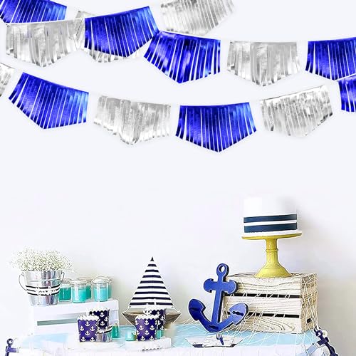 Royal Blue Silver Tassel Banner Metallic Fabric Pennant Bunting Flag for Graduation Birthday Retirement Bachelorette Engagement Wedding Bridal Shower Navy Nautical Ahoy Achor Party Decoration Supplies (16.93 Foot)