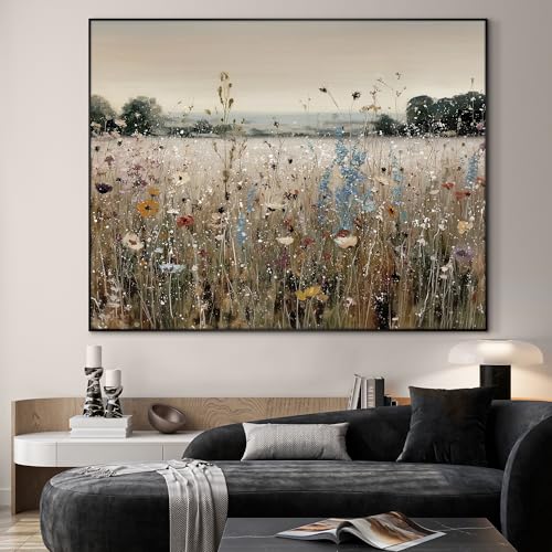 36"x46" Extra Large Framed Wall Art Wildflower Meadow Landscape Soft Pastel Field Illustration for Home Living Room Bedroom Decor