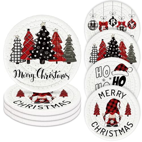 Merry Christmas Cotton Coasters Xmas Plaid Tree Gnome Handmade Braided Drink Coasters Absorbent Cup Mats for Christmas Holiday Party Home Table Decor (4 Count)