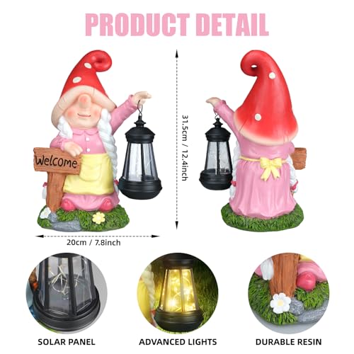 12.4" Solar Garden Gnome Statue with LED Lantern Welcome Sign