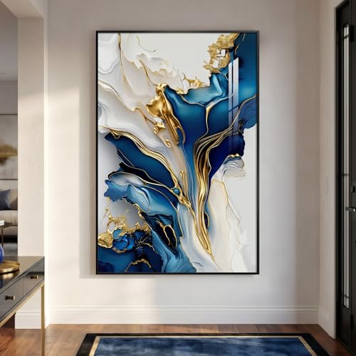 Extra Large Framed Blue White and Gold Abstract Wall Art