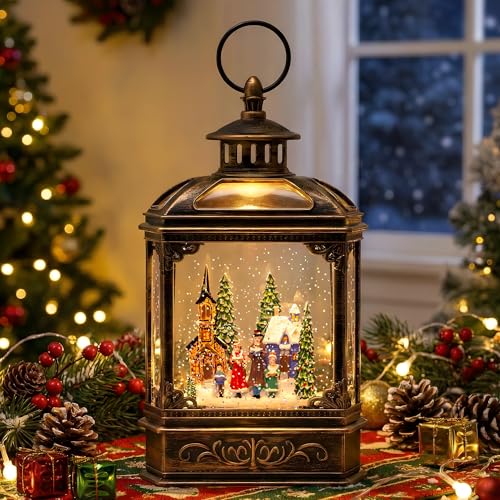 Christmas Snow Globe Lantern Water Glittering Town Home with Carolers