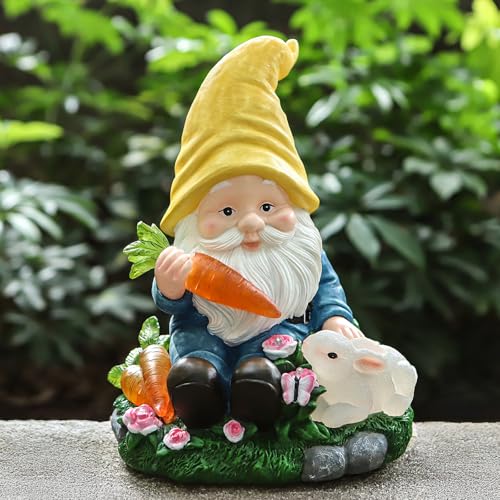 Solar Garden Outdoor Statues Gnome Feeding Rabbit with 6 LED Lawn Decor Outside Decorations for Patio