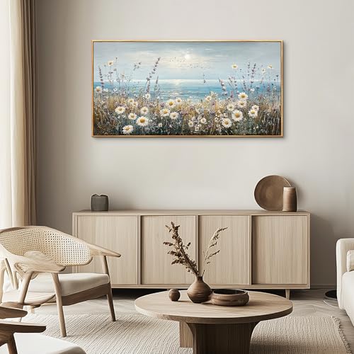 Large Canvas Wall Decor For Living Room Restaurant Wall Art For Bedroom Office Mural Blue Ocean Painting Flowers Watercolour Wall Pictures Printing Artworks Home Decor Wood Framed 24x48In