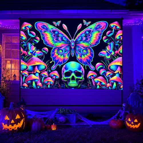 Blacklight Tapestry Butterfly Skull Glow Backdrop 78 x 59 Inch