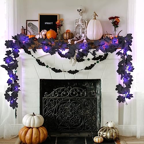 Black Halloween Maple Leaf Garland with Purple Light (2 Count)