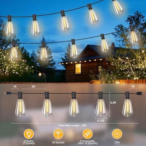 ST38 50FT LED Outdoor String Lights with 25+2 Spare Bulbs