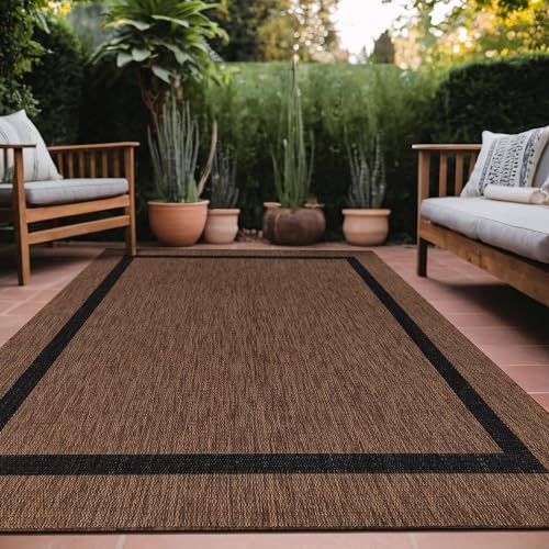 Bordered Outdoor Rug 6x9 Washable Outside Carpet for Indoor Patio Porch Waterproof Easy Cleaning Non Shedding Area Rugs Nut Brown