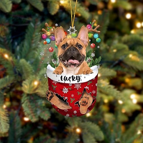Brown French Bulldog in Snow Pocket Christmas Tree Ornament