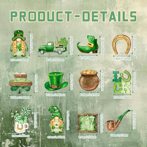 Mtruil 12 Pcs St Patricks Day Ornaments for Tree Shamrock Wooden Dwarf