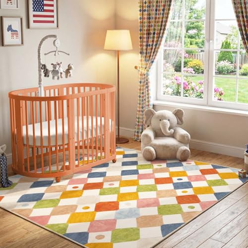 6x6 Square Rug Washable Kids Playroom Rug Colorful Nursery Play Mat (36 Sq Ft)