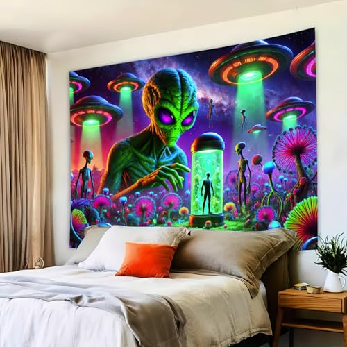Blacklight Tapestry Alien UFO UV Wall Art 78 x 59 Inch