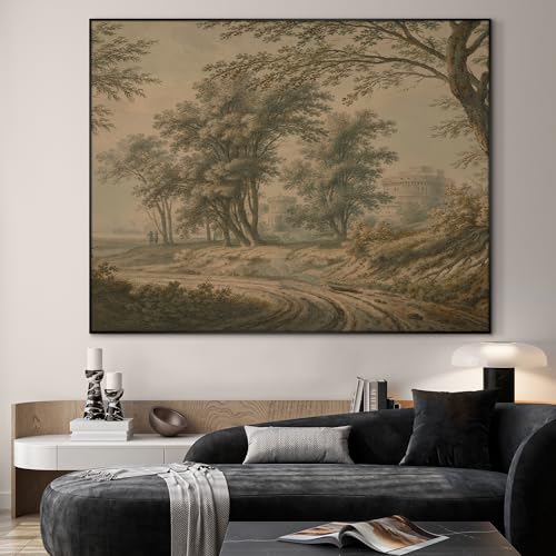36"x46" Extra Large Framed Wall Art Antique Sepia Landscape with Trees and Historic Architecture for Home Living Room Bedroom Decor