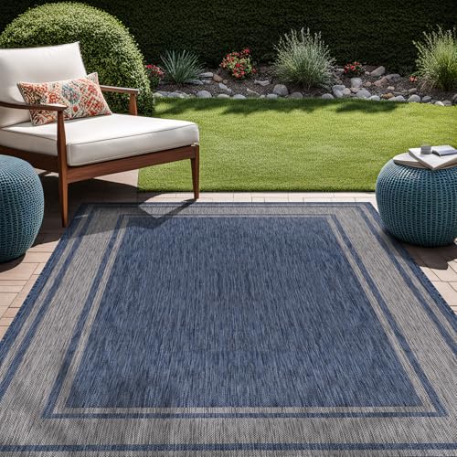 Outdoor Rug 8x10 Modern Bordered Area Rugs for Indoor and Outdoor Patio Deck Porch Garden Waterproof Weather Sun Resistant Washable Outside Carpet (80 Sq Ft)