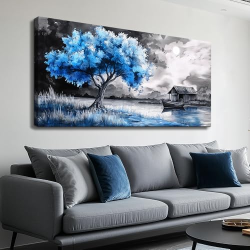 Large Wall Art For Living Room Blue Wall Decor For Bedroom Black White And Blue Trees Wall Pictures Restaurant Office Frame Printing Canvas Large Artwork Modern Home Decoration 30x60 in