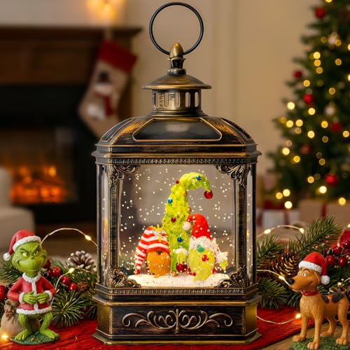 Christmas Snow Globe Lantern Water Glittering Gnomes Scandinavian Santa Elf with Whimsical Christmas Tree