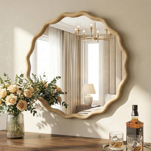 Round Wavy Wood Bathroom Vanity Mirror