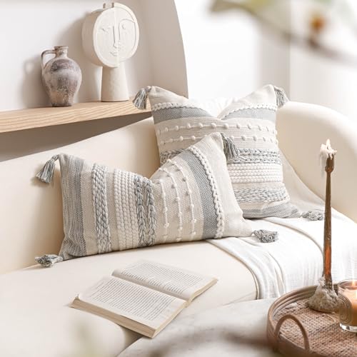 Gray Boho Decorative Throw Pillow Cover 20x20 Square Farmhouse Accent Cushion for Couch Sofa Livingroom Bedroom Pillowcase Modern Home Décor
