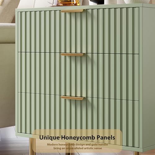 Fluted Green 3 Drawer Dresser for Bedroom with Deep Drawers