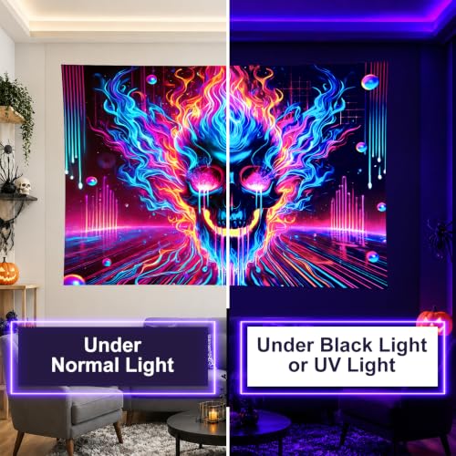 Blacklight Tapestry Flaming Skull UV Wall Art 78 x 59 Inch