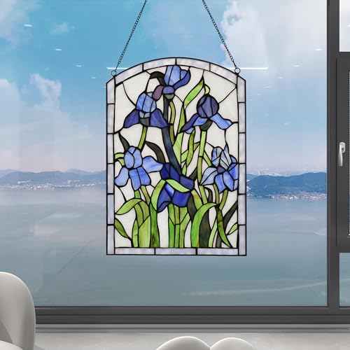Iris Stained Glass Window Hanging 16" H x 11" W Tiffany Style Blue Rectangular Window Panel Suitable for Living Room Bedroom Kitchen Window Decoration Hangings with Chain