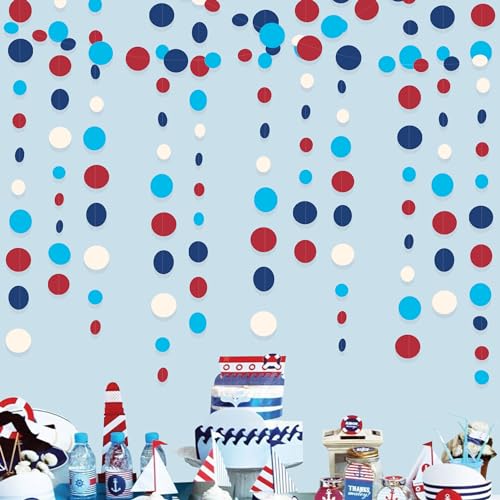 Nautical Party Decorations Circle Dot Garland Navy Blue Red White Hanging Paper Polka Dot Streamer for Nautical Pirate Ahoy Achor Birthday Wedding Bridal Shower Bachelorette Party Supplies