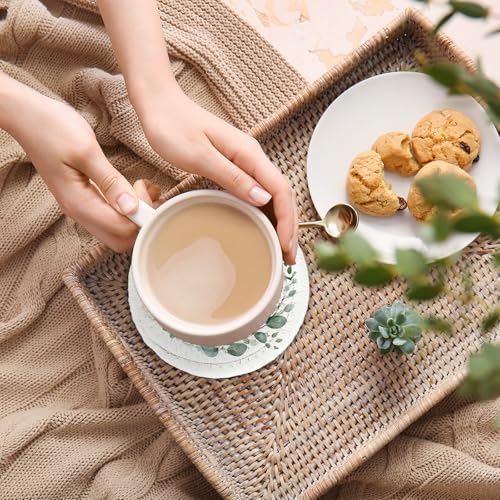 Eucalyptus Floral Cotton Coasters Flower Leaves Handmade Braided Drink Coasters Green Absorbent Cup Mat for Spring Wedding Baby Shower Party Home Office Table Decor (4 Count)