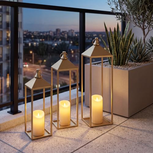 3 Pcs Large Gold Decorative Lanterns with Candles