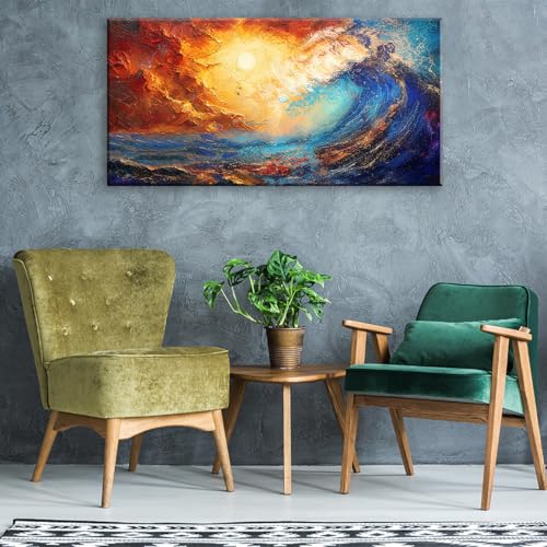 Abstract Ocean Wall Art for Living Room Beautiful Blue Sea Wave Seawater Colorful Sky Landscape Wall Art Decor Artwork Bedroom Office