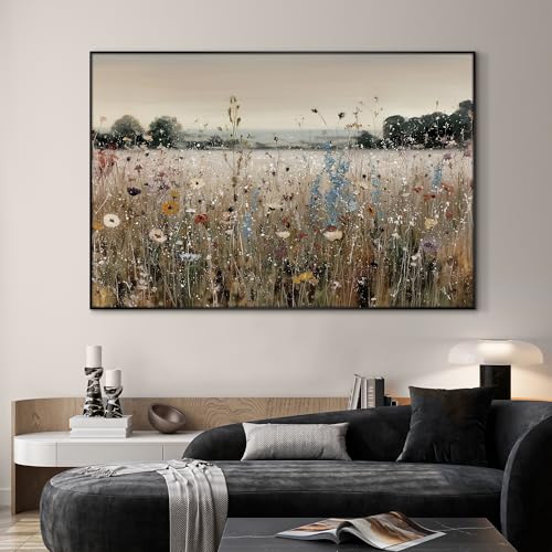 46"x72" Extra Large Framed Wall Art Wildflower Meadow Landscape Soft Pastel Field Illustration for Home Living Room Bedroom Decor