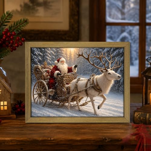Wood Framed Vintage Santa Claus Sleigh Wall Art