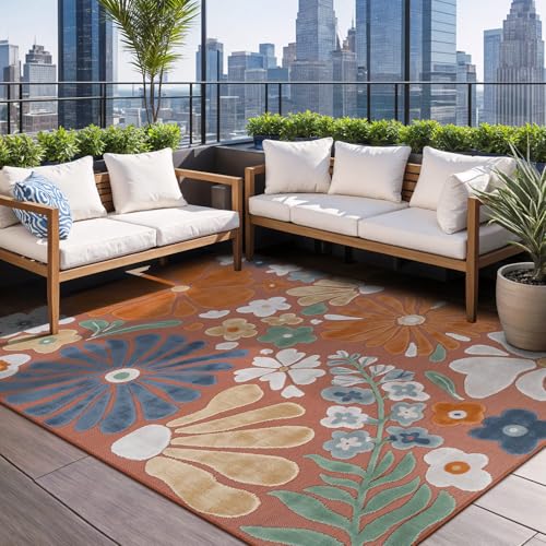 Outdoor Rug 10x14 Large Modern Floral Tropical Area Rugs for Outdoor and Indoor Patio Easy to Clean Non Shedding Living Room Porch Garden Washable Outside Carpet (140 Sq Ft)