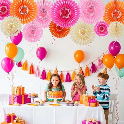 Honeycomb Round Paper Fans Pink Orange White Hanging Party Decor (12 Count)