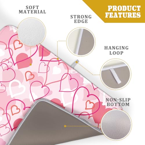 Valentines Day Dish Drying Mat for Kitchen Pink Hearts Absorbent Reversible Microfiber Kitchen Countertop Protector Dishes Pad Large 18x24 inch