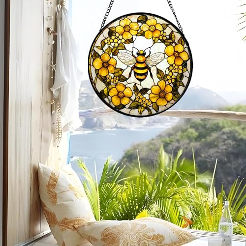 Bee Wreath Stained Glass Window Hanging Suncatcher Gifts for Women 7.8"