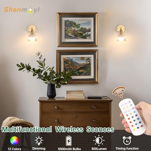 Vintage Battery Operated Wall Sconce with Clear Tulip Glass Lampshade 5000 mAh Rechargeable Battery Powered Wall Light with Remote Control for Bedside Bedroom Doorway (2 Count)